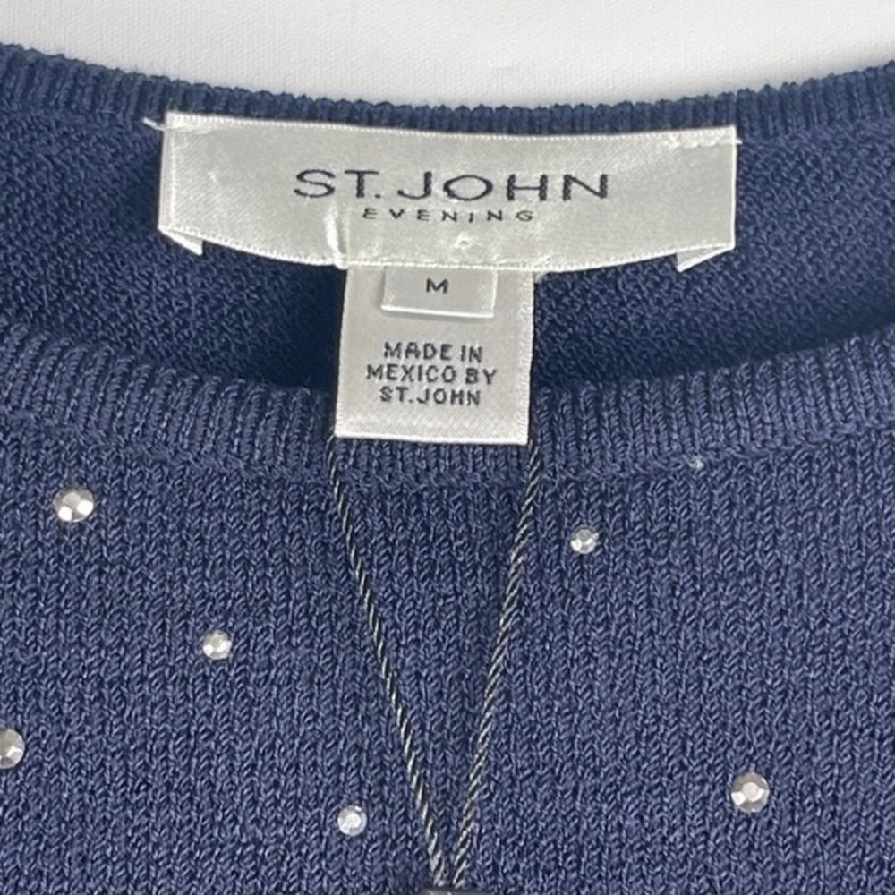 St. John Wool Blend Knit Shell Navy Silver Rhinestone Evening Top Quiet Luxury M - Picture 2 of 11